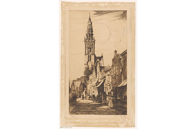 Afbeelding van Edam vervaardigd door Willem Adrianus (1888-1934). De Speeltoren, de toren van de voormalige Onze Lieve Vrouwekerk.